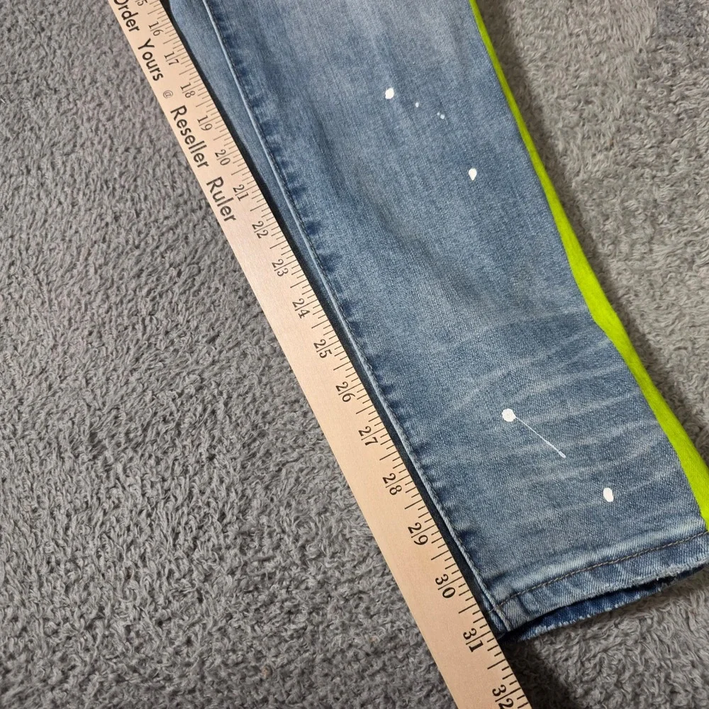 Amiri Mens 38 MX1 Distressed Jeans Light Blue Neon Yellow Stripe Paint Splatter